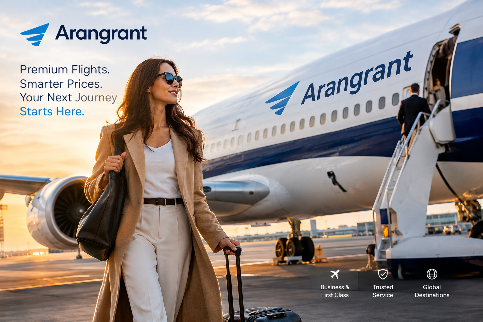 Arangrant premium airplane and business class traveler at the airport