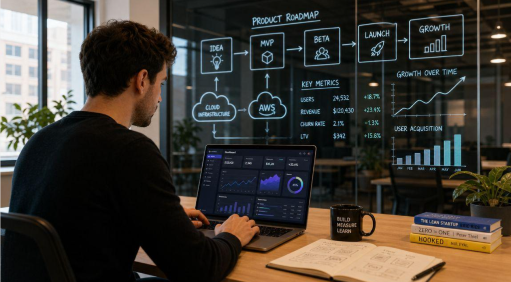 Startup founder planning a software as a service business using a laptop