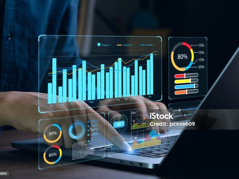 Businessman works on laptop Showing business analytics dashboard with charts, metrics, and KPI to analyze performance and create insight reports for operations management. Data analysis concept.Ai